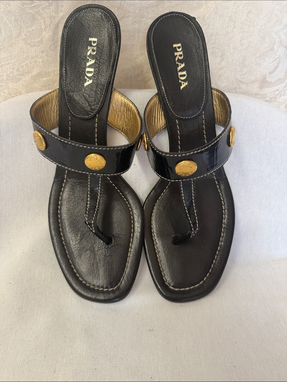 Vintage Prada Heeled Sandals with gold buttons